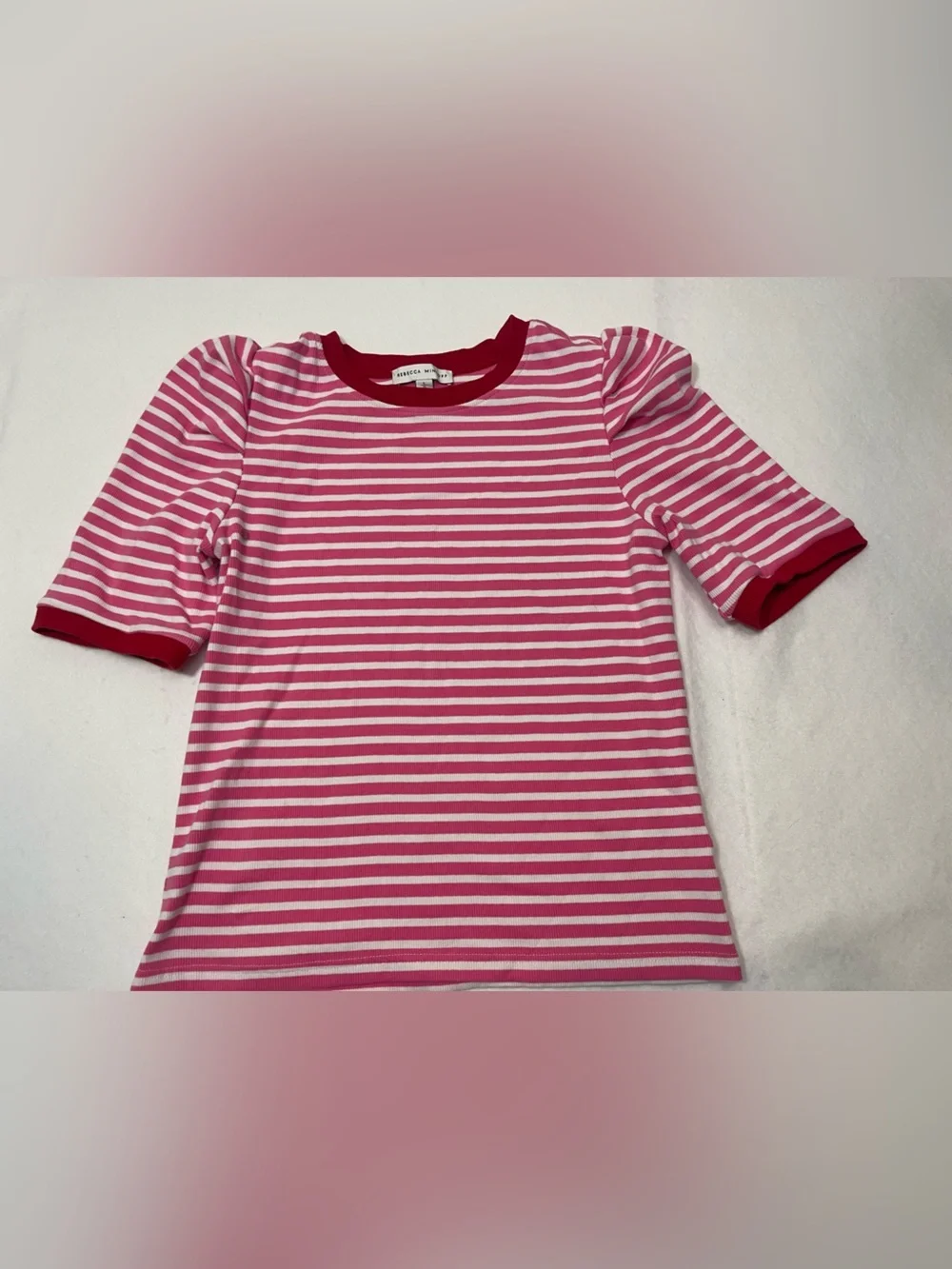 Rebecca Minkoff Pink White Striped Puff Sleeve Ribbed Knit Top Size Large